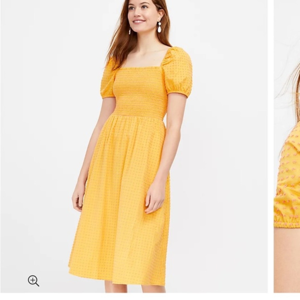Loft Clip Smocked Puff Sleeve Pocket Midi Dress